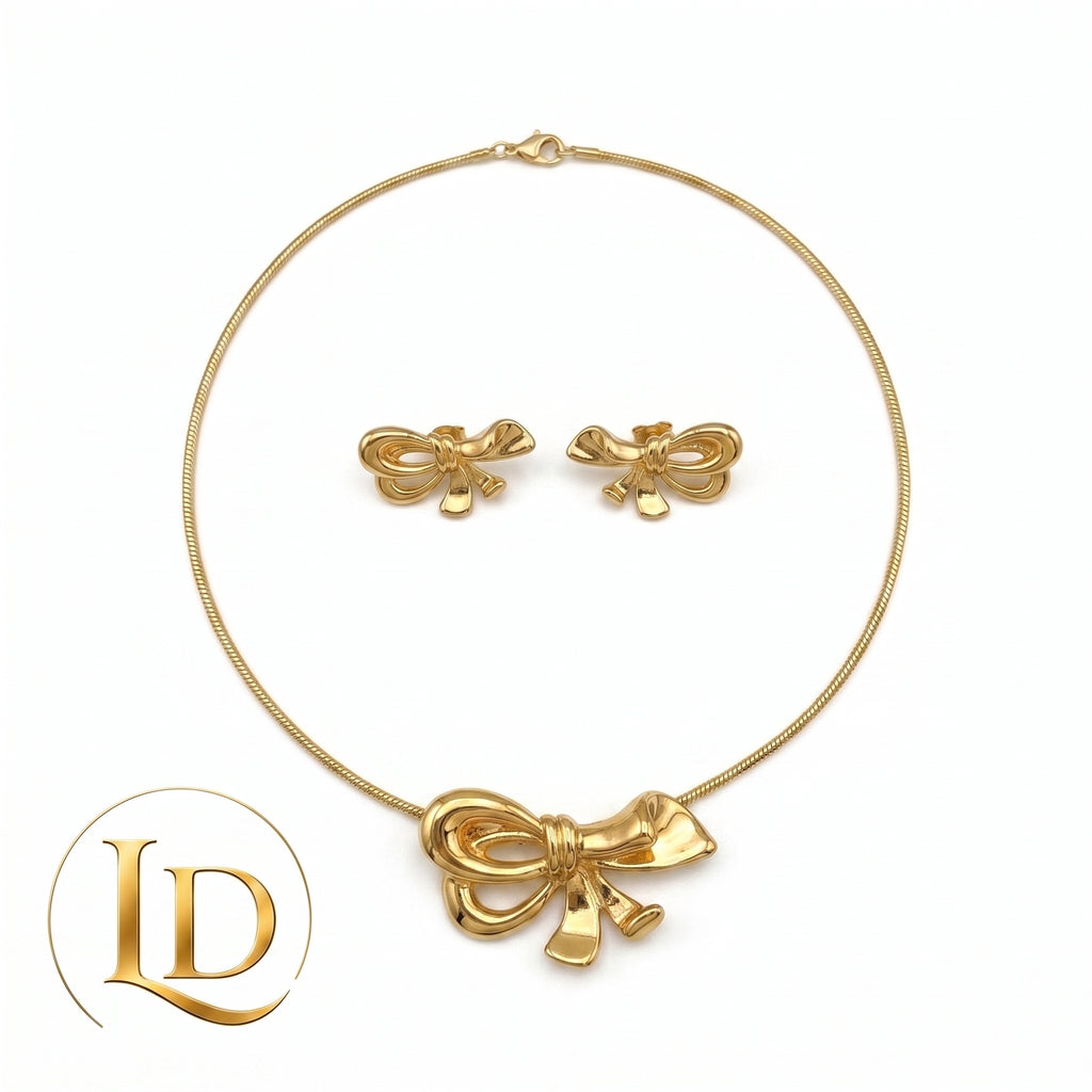 18K Gold Bow Pendant Necklace & Earrings Set 7.8g