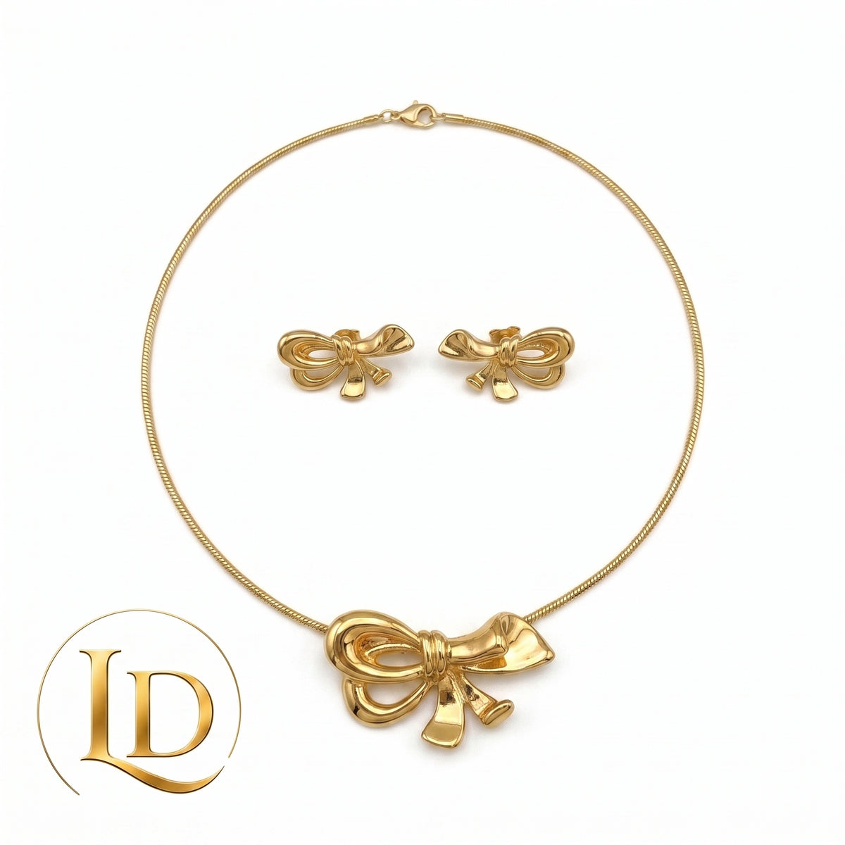 18K Gold Bow Pendant Necklace & Earrings Set 7.8g